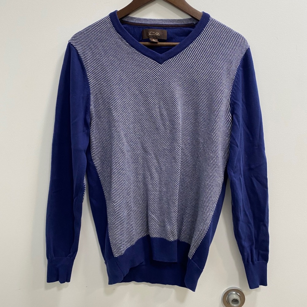 Tasso Elba Sweater Men S Blue V-Neck Cotton Preppy Elbow Patch Academic Pullover